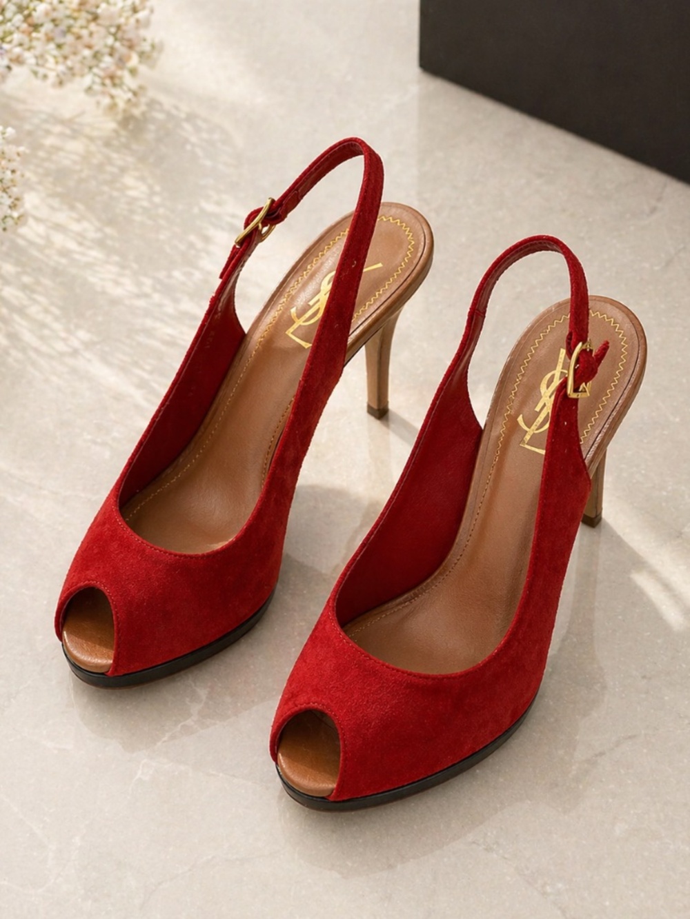 YSL Red Suede Slingback Peep Toe Heels Size 35 Yves Saint Laurent Pumps